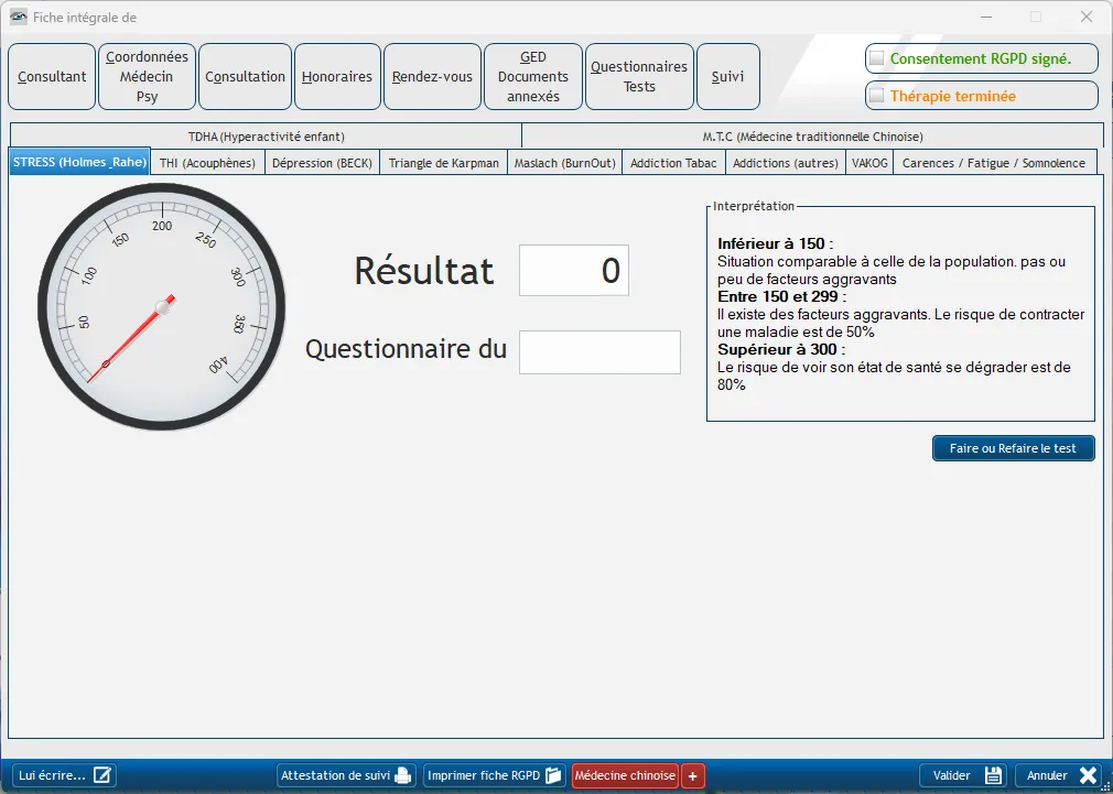 Fiche patient - onglet Test