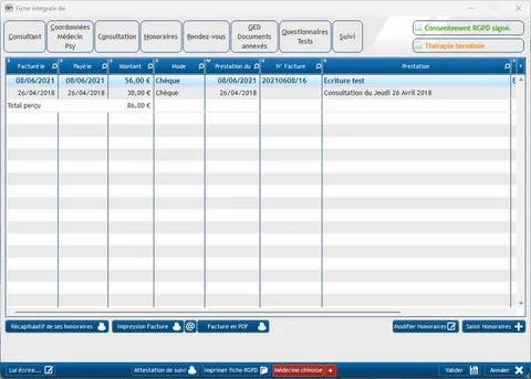 Fiche patient Onglet Honoraires