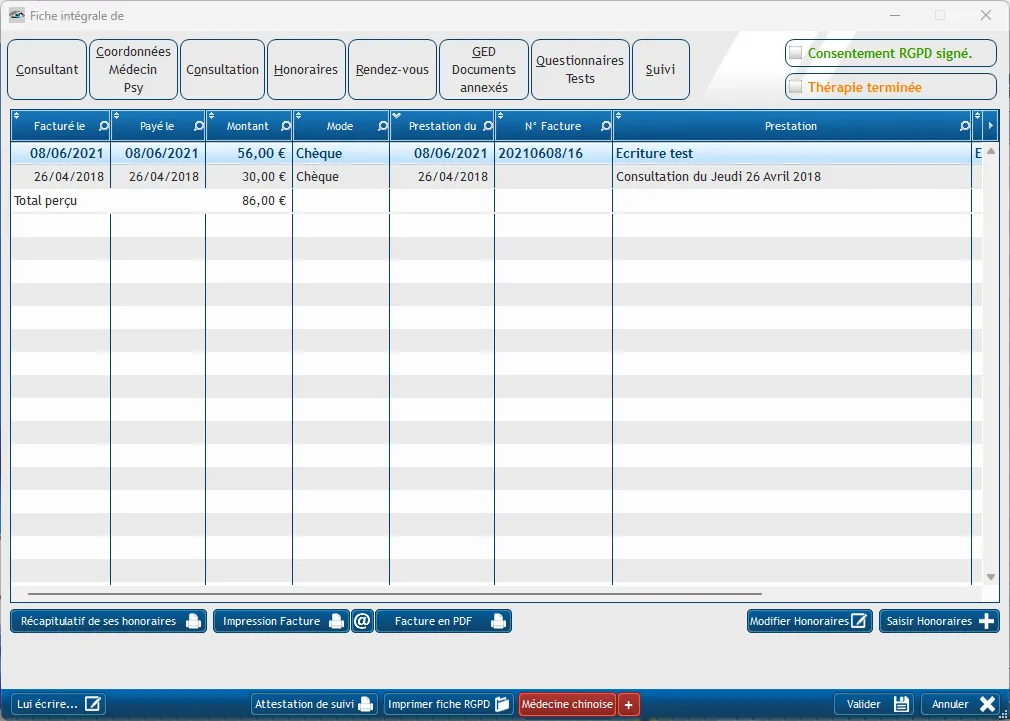 Fiche patient Onglet Honoraires